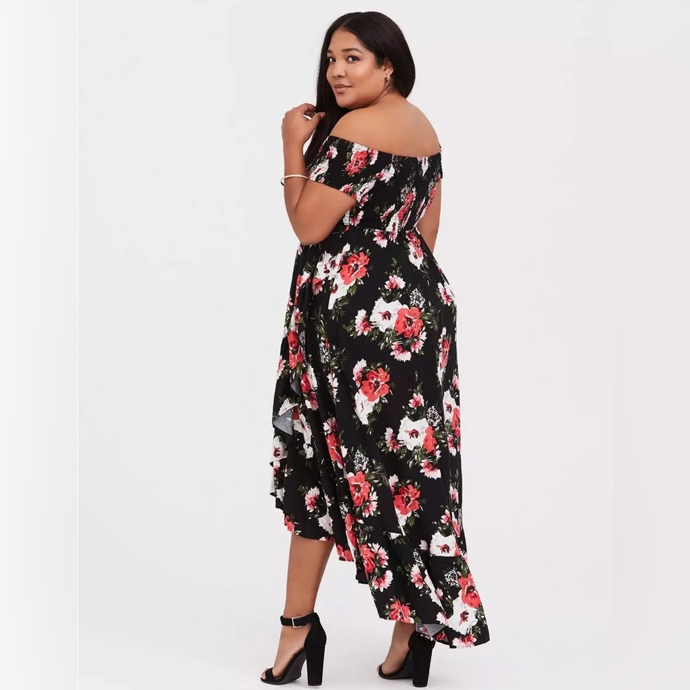 Torrid Black Floral Hi Lo Off Shoulder Dress Size 00 - Picture 2 of 11